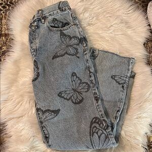 PacSun High Rise Straight Blue Butterfly Print Button Fly Jeans Size 27